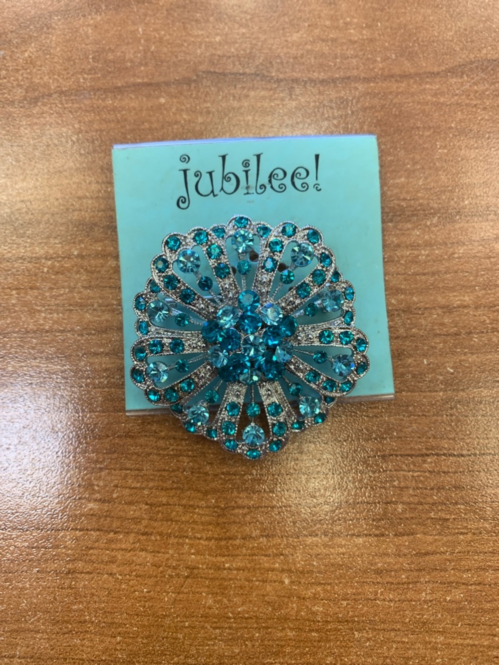Jubilee Teal Crystal Floral Fan Brooch